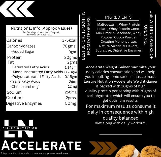 Leisure Nutrition Accelerate Weight Gainer 0.55lbs Pouch pack Ice Cream Sandwich Flavor