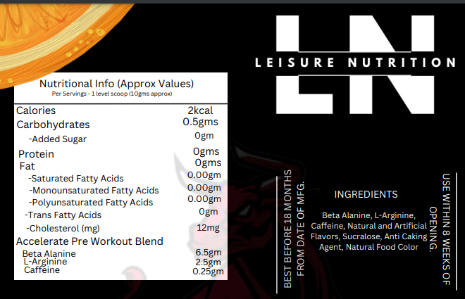 Leisure Nutrition Accelerate Pre Workout 25 Servings Pack (250gms/0.5LBS), Tangy Orange Flavor.